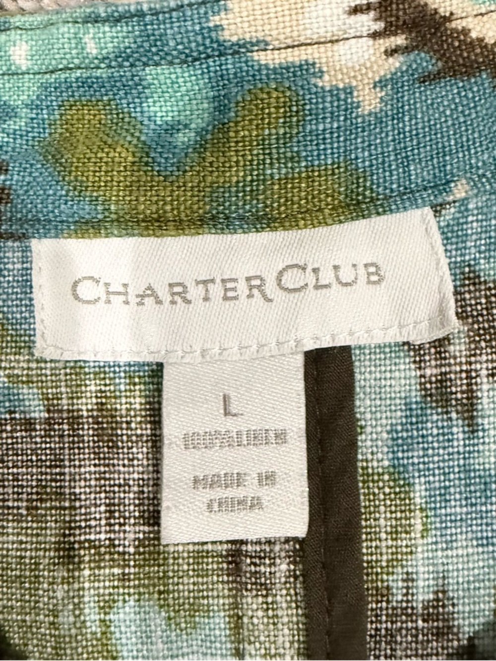 Vintage Charter Club Teal Brown Ikat 100% Linen Pockets Blazer Jacket Women’s L - Picture 3 of 11